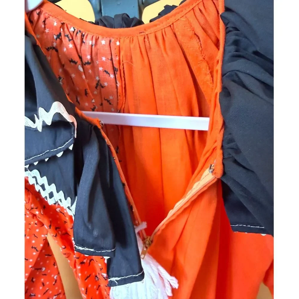 Vtg 70s 80s Handmade Clown Costume Halloween Jumpsuit Bats Orange Pom Pom Ruffle